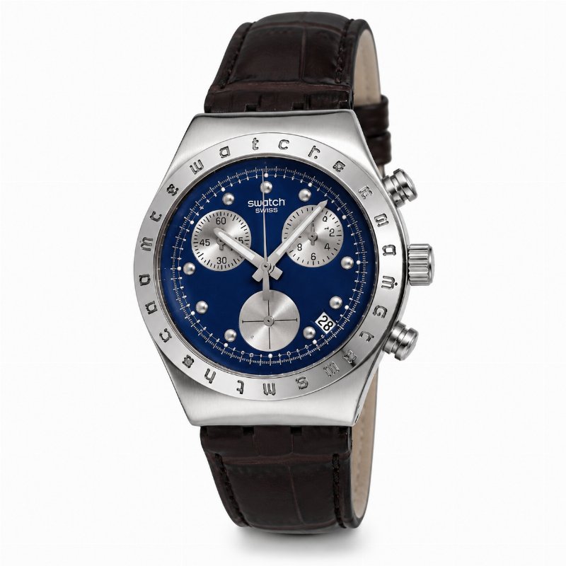 Montre Swatch Irony Chronograph – Cadran Bleu, Bracelet Cuir Marron