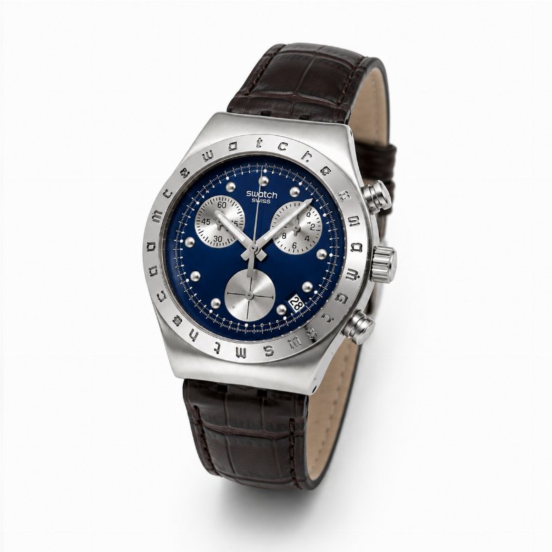 Montre Swatch Irony Chronograph – Cadran Bleu, Bracelet Cuir Marron