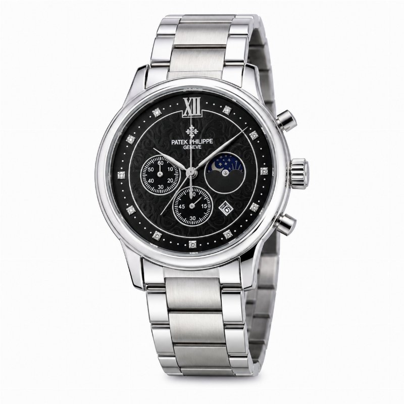 Montre Homme Patek Philippe Genève – Cadran Noir, Bracelet Acier Argenté