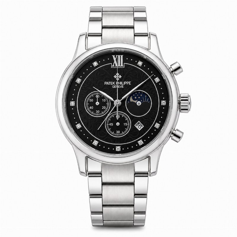 Montre Homme Patek Philippe Genève – Cadran Noir, Bracelet Acier Argenté