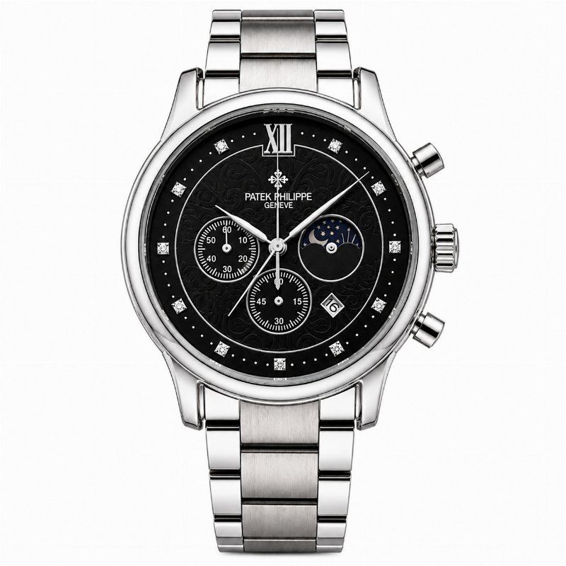 Montre Homme Patek Philippe Genève – Cadran Noir, Bracelet Acier Argenté